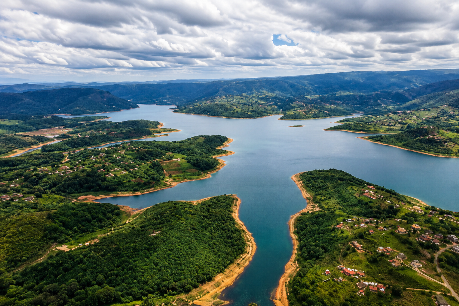 Aerial view of Inanda Dam winding through the green hills of KwaZulu-Natal